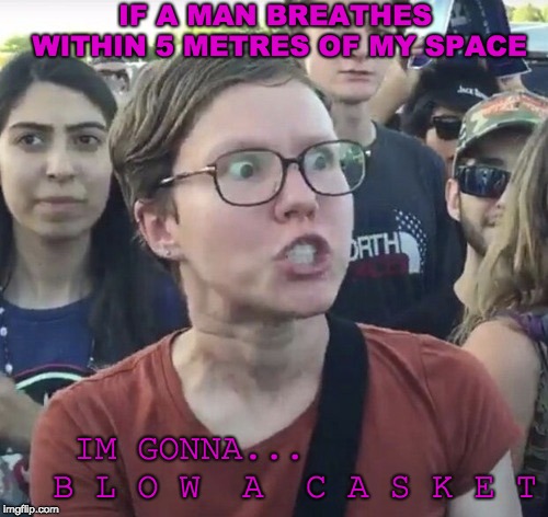Feminist
B l o w s  a  c a s k e t |  IF A MAN BREATHES WITHIN 5 METRES OF MY SPACE; IM GONNA...          B L O W  A  C A S K E T | image tagged in triggered feminist,feminism,angry sjw,sjw,feminazi | made w/ Imgflip meme maker