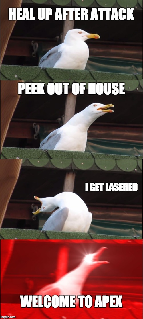 Inhaling Seagull Meme | HEAL UP AFTER ATTACK; PEEK OUT OF HOUSE; I GET LASERED; WELCOME TO APEX | image tagged in memes,inhaling seagull | made w/ Imgflip meme maker