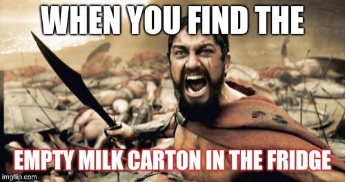 Sparta Leonidas | WHEN YOU FIND THE; EMPTY MILK CARTON IN THE FRIDGE | image tagged in memes,sparta leonidas | made w/ Imgflip meme maker