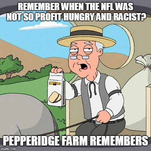 Pepperidge Farm Remembers Meme | REMEMBER WHEN THE NFL WAS NOT SO PROFIT HUNGRY AND RACIST? PEPPERIDGE FARM REMEMBERS | image tagged in memes,pepperidge farm remembers | made w/ Imgflip meme maker