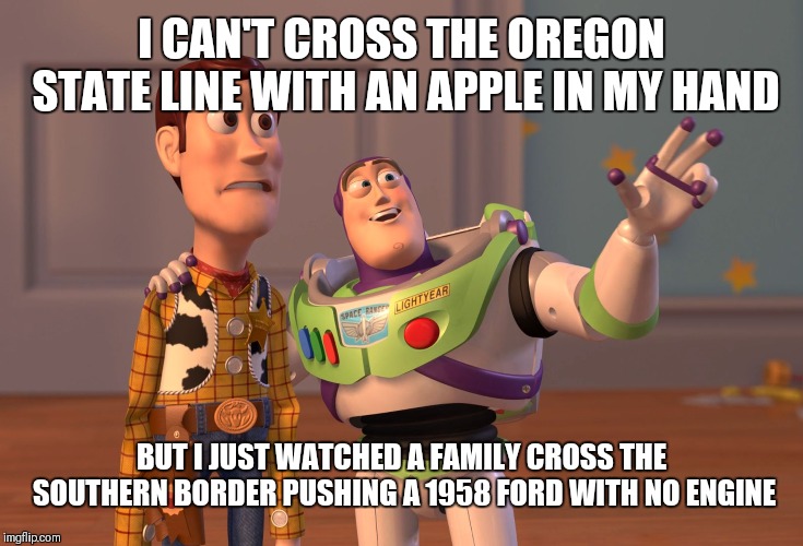 X, X Everywhere Meme | I CAN'T CROSS THE OREGON STATE LINE WITH AN APPLE IN MY HAND; BUT I JUST WATCHED A FAMILY CROSS THE SOUTHERN BORDER PUSHING A 1958 FORD WITH NO ENGINE | image tagged in memes,x x everywhere | made w/ Imgflip meme maker