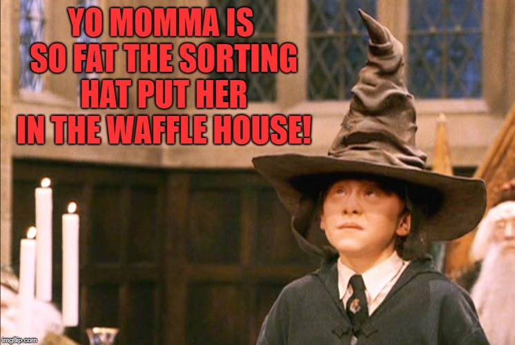 Yo Momma Waffle House | YO MOMMA IS SO FAT THE SORTING HAT PUT HER IN THE WAFFLE HOUSE! | image tagged in yo momma,so fat,harry potter,sorting hat | made w/ Imgflip meme maker