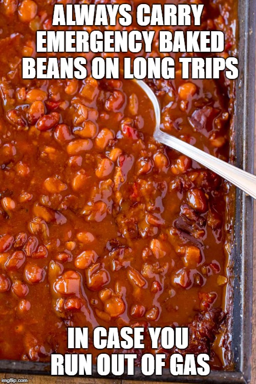 ALWAYS CARRY EMERGENCY BAKED BEANS ON LONG TRIPS; IN CASE YOU RUN OUT OF GAS | image tagged in beans | made w/ Imgflip meme maker