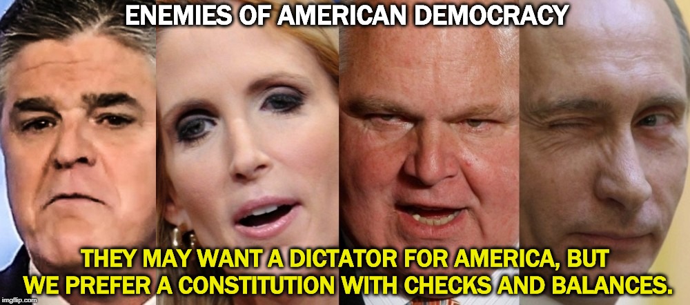 ENEMIES OF AMERICAN DEMOCRACY; THEY MAY WANT A DICTATOR FOR AMERICA, BUT WE PREFER A CONSTITUTION WITH CHECKS AND BALANCES. | image tagged in democracy,dictatorship,constitution,trump,sean hannity,ann coulter | made w/ Imgflip meme maker