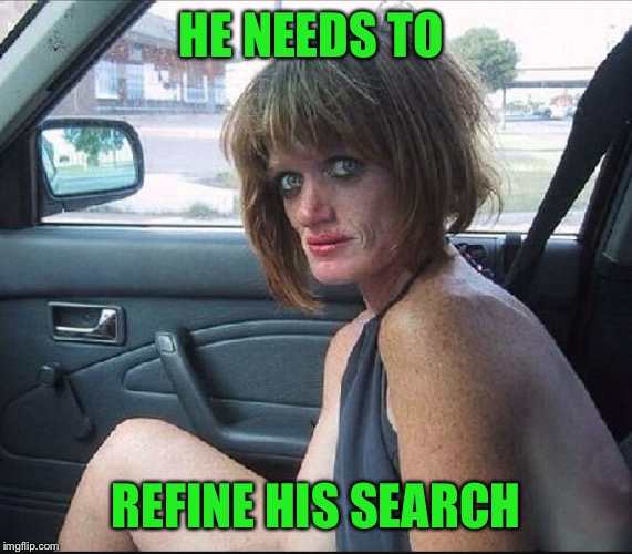 crack whore hooker | HE NEEDS TO REFINE HIS SEARCH | image tagged in crack whore hooker | made w/ Imgflip meme maker