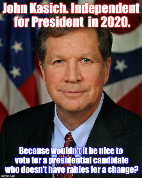 John Kasich | John Kasich. Independent for President  in 2020. Because wouldn't it be nice to vote for a presidential candidate who doesn't have rabies for a change? | image tagged in john kasich | made w/ Imgflip meme maker