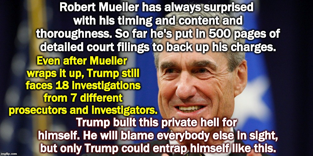 Robert Mueller has always surprised with his timing and content and thoroughness. So far he's put in 500 pages of detailed court filings to back up his charges. Even after Mueller wraps it up, Trump still faces 18 investigations from 7 different prosecutors and investigators. Trump built this private hell for himself. He will blame everybody else in sight, but only Trump could entrap himself like this. | image tagged in mueller,trump,investigation,prosecution,entrapment | made w/ Imgflip meme maker