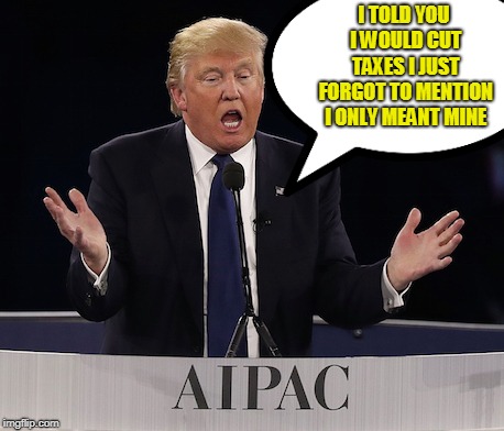 I TOLD YOU I WOULD CUT TAXES I JUST FORGOT TO MENTION I ONLY MEANT MINE | image tagged in donald trump | made w/ Imgflip meme maker