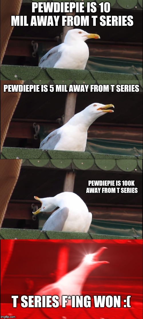Inhaling Seagull | PEWDIEPIE IS 10 MIL AWAY FROM T SERIES; PEWDIEPIE IS 5 MIL AWAY FROM T SERIES; PEWDIEPIE IS 100K AWAY FROM T SERIES; T SERIES F*ING WON :( | image tagged in memes,inhaling seagull | made w/ Imgflip meme maker