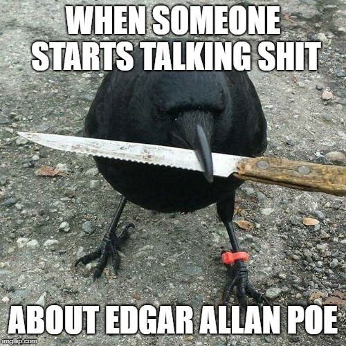 said the raven... ''you better shut the fuck up, buddy'' | WHEN SOMEONE STARTS TALKING SHIT; ABOUT EDGAR ALLAN POE | image tagged in deadlybod crow knife,raven,dank memes,memes,edgar allan poe | made w/ Imgflip meme maker