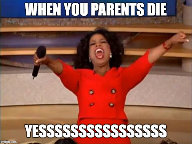 Oprah You Get A | WHEN YOU PARENTS DIE; YESSSSSSSSSSSSSSSS | image tagged in memes,oprah you get a | made w/ Imgflip meme maker