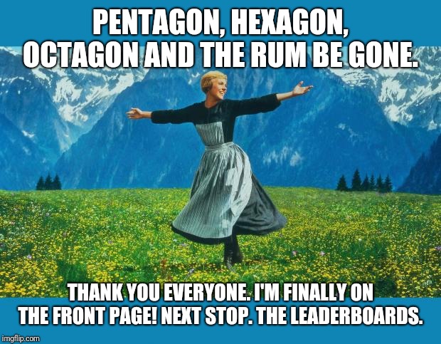 Thanks everyone!  | PENTAGON, HEXAGON, OCTAGON AND THE RUM BE GONE. THANK YOU EVERYONE. I'M FINALLY ON THE FRONT PAGE! NEXT STOP. THE LEADERBOARDS. | image tagged in the sound of music happiness,why is the rum gone,pentagon hexagon octagon,front page,blaze the blaziken | made w/ Imgflip meme maker