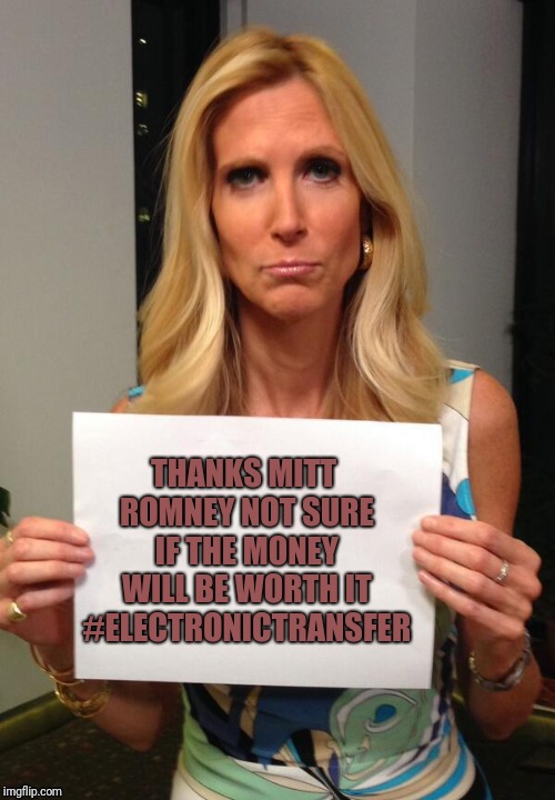 Ann Coulter Hashtag | THANKS MITT ROMNEY NOT SURE IF THE MONEY WILL BE WORTH IT #ELECTRONICTRANSFER | image tagged in ann coulter hashtag | made w/ Imgflip meme maker
