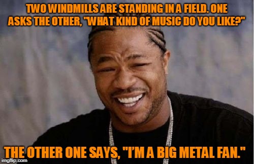 Yo Dawg Heard You Meme |  TWO WINDMILLS ARE STANDING IN A FIELD. ONE ASKS THE OTHER, "WHAT KIND OF MUSIC DO YOU LIKE?"; THE OTHER ONE SAYS, "I’M A BIG METAL FAN." | image tagged in memes,yo dawg heard you | made w/ Imgflip meme maker