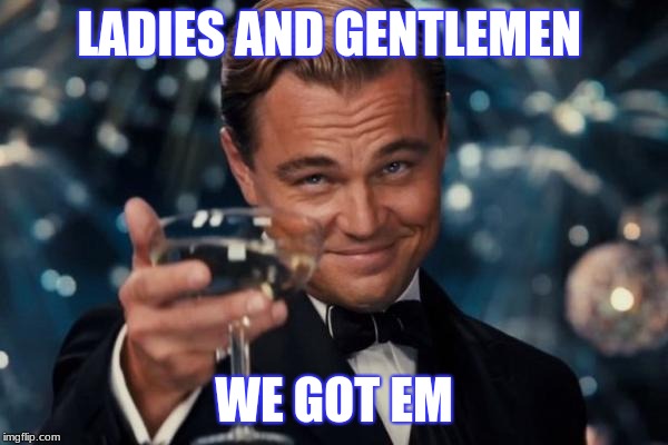 We Got EM! | LADIES AND GENTLEMEN; WE GOT EM | image tagged in memes,leonardo dicaprio cheers,funny,funny meme,we got em | made w/ Imgflip meme maker