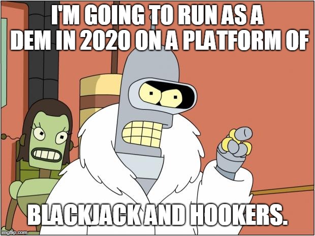 Bender | I'M GOING TO RUN AS A DEM IN 2020 ON A PLATFORM OF; BLACKJACK AND HOOKERS. | image tagged in memes,bender | made w/ Imgflip meme maker