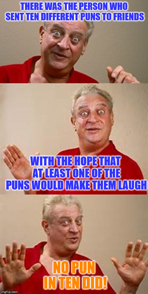 Never lose hope! :> | THERE WAS THE PERSON WHO SENT TEN DIFFERENT PUNS TO FRIENDS; WITH THE HOPE THAT AT LEAST ONE OF THE PUNS WOULD MAKE THEM LAUGH; NO PUN IN TEN DID! | image tagged in bad pun dangerfield,bad joke,bad pun,friends,hope,laugh | made w/ Imgflip meme maker