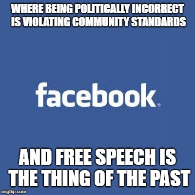 Facebook Logo | WHERE BEING POLITICALLY INCORRECT IS VIOLATING COMMUNITY STANDARDS; AND FREE SPEECH IS THE THING OF THE PAST | image tagged in facebook logo | made w/ Imgflip meme maker