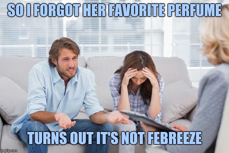 couples therapy | SO I FORGOT HER FAVORITE PERFUME; TURNS OUT IT'S NOT FEBREEZE | image tagged in couples therapy | made w/ Imgflip meme maker