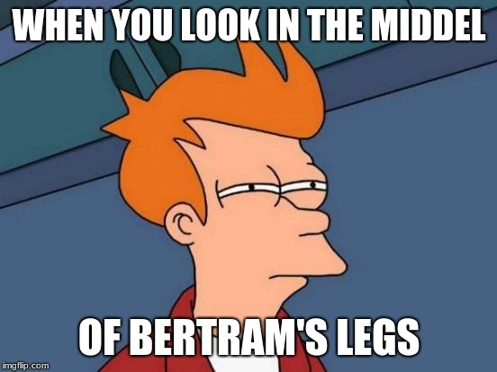 Futurama Fry | WHEN YOU LOOK IN THE MIDDEL; OF BERTRAM'S LEGS | image tagged in memes,futurama fry | made w/ Imgflip meme maker