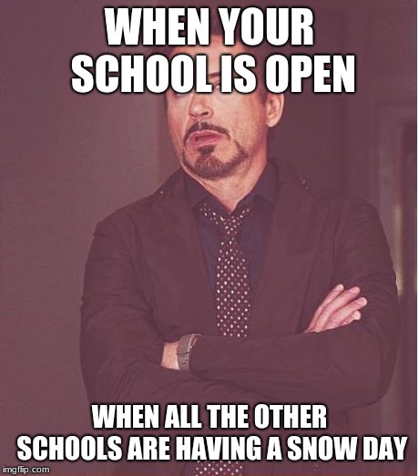 It always seems like that from where I'm am | WHEN YOUR SCHOOL IS OPEN; WHEN ALL THE OTHER SCHOOLS ARE HAVING A SNOW DAY | image tagged in memes,face you make robert downey jr | made w/ Imgflip meme maker