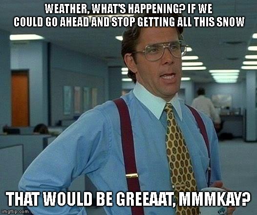 That Would Be Great | WEATHER, WHAT'S HAPPENING? IF WE COULD GO AHEAD AND STOP GETTING ALL THIS SNOW; THAT WOULD BE GREEAAT, MMMKAY? | image tagged in memes,that would be great | made w/ Imgflip meme maker