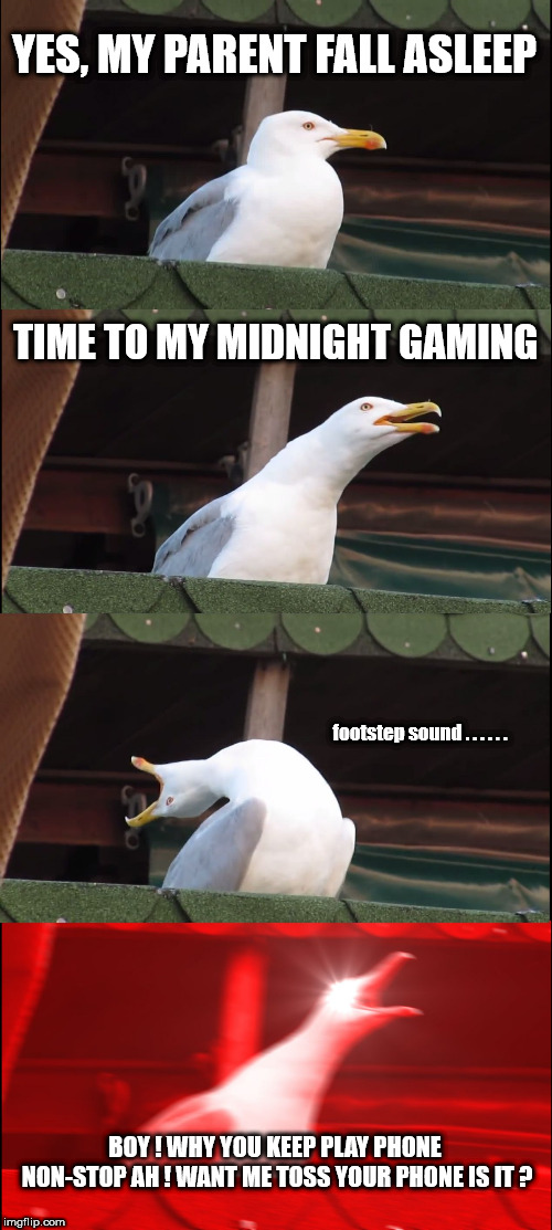 Inhaling Seagull | YES, MY PARENT FALL ASLEEP; TIME TO MY MIDNIGHT GAMING; footstep sound . . . . . . BOY ! WHY YOU KEEP PLAY PHONE NON-STOP AH ! WANT ME TOSS YOUR PHONE IS IT ? | image tagged in memes,inhaling seagull | made w/ Imgflip meme maker