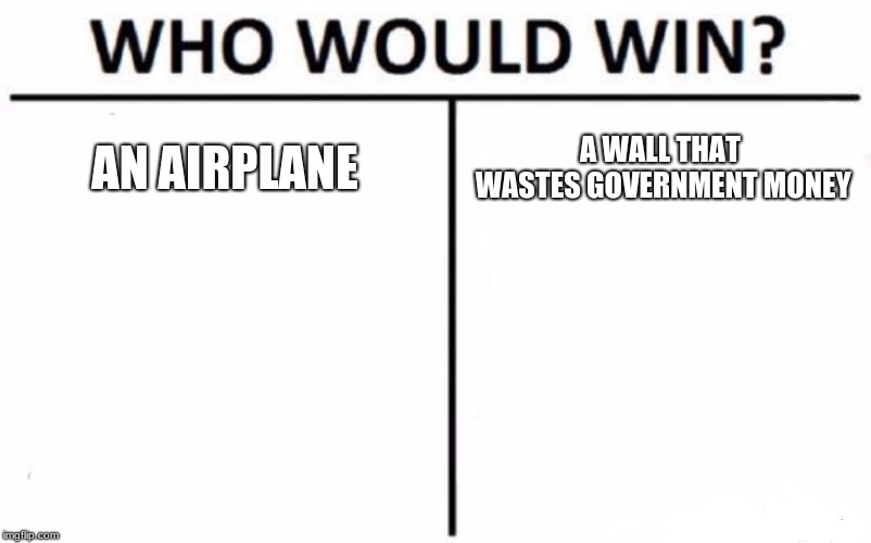 Who Would Win? Meme | AN AIRPLANE; A WALL THAT WASTES GOVERNMENT MONEY | image tagged in memes,who would win | made w/ Imgflip meme maker