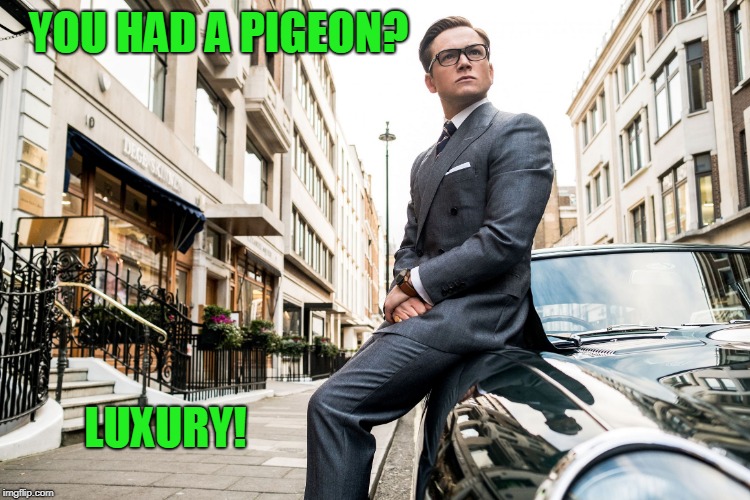 Kingsmen | YOU HAD A PIGEON? LUXURY! | image tagged in kingsmen | made w/ Imgflip meme maker