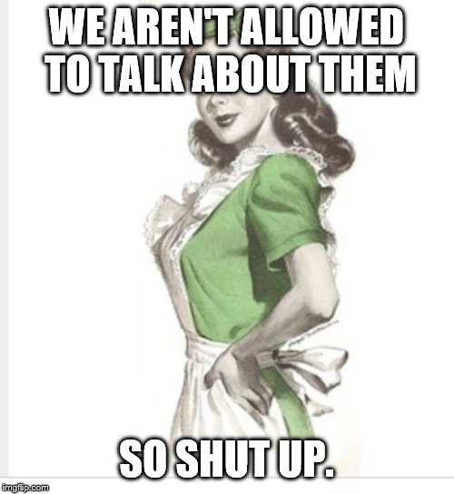 50's housewife | WE AREN'T ALLOWED TO TALK ABOUT THEM SO SHUT UP. | image tagged in 50's housewife | made w/ Imgflip meme maker