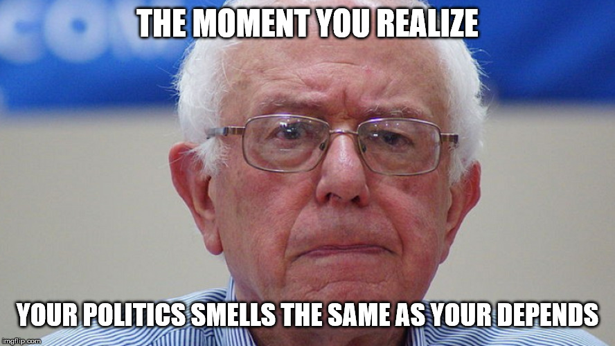 THE MOMENT YOU REALIZE; YOUR POLITICS SMELLS THE SAME AS YOUR DEPENDS | image tagged in bernie sanders | made w/ Imgflip meme maker