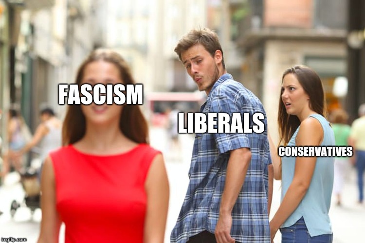 Distracted Boyfriend Meme | FASCISM; LIBERALS; CONSERVATIVES | image tagged in memes,distracted boyfriend | made w/ Imgflip meme maker