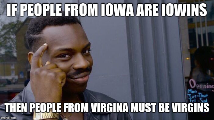 Roll Safe Think About It Meme | IF PEOPLE FROM IOWA ARE IOWINS; THEN PEOPLE FROM VIRGINA MUST BE VIRGINS | image tagged in memes,roll safe think about it | made w/ Imgflip meme maker