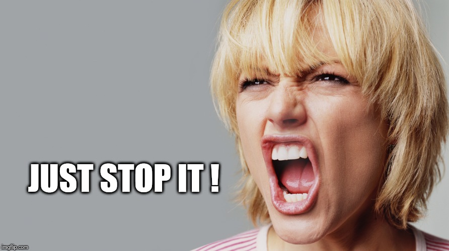 Angry Woman Yelling | JUST STOP IT ! | image tagged in angry woman yelling | made w/ Imgflip meme maker