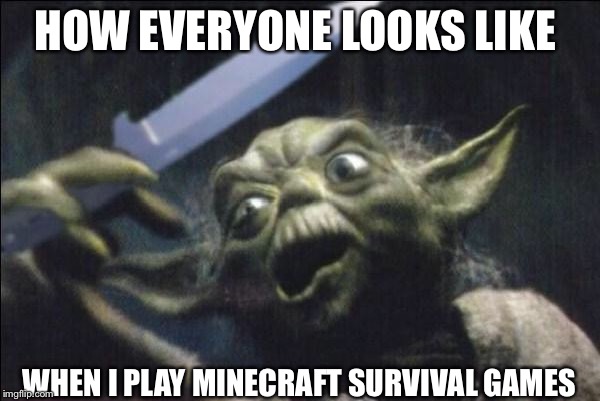 Yoda Knife | HOW EVERYONE LOOKS LIKE; WHEN I PLAY MINECRAFT SURVIVAL GAMES | image tagged in yoda knife | made w/ Imgflip meme maker