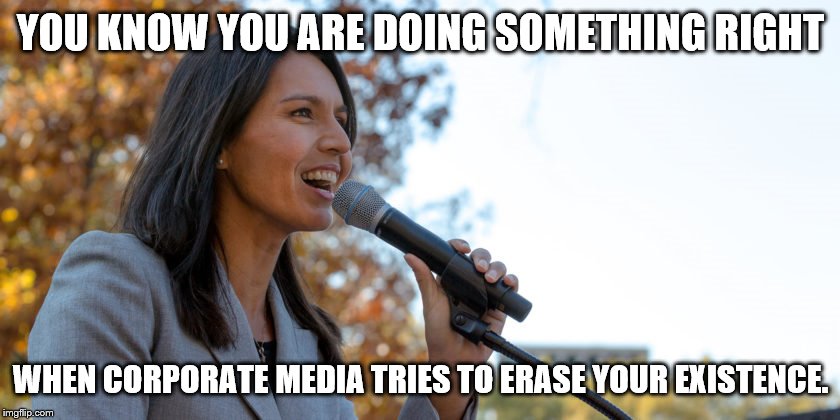 Congresswoman Tulsi Gabbard | YOU KNOW YOU ARE DOING SOMETHING RIGHT; WHEN CORPORATE MEDIA TRIES TO ERASE YOUR EXISTENCE. | image tagged in congresswoman tulsi gabbard | made w/ Imgflip meme maker