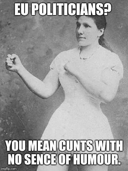 overly manly woman | EU POLITICIANS? YOU MEAN C**TS WITH NO SENCE OF HUMOUR. | image tagged in overly manly woman | made w/ Imgflip meme maker