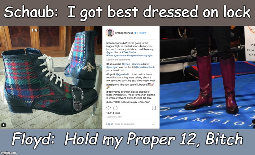 Combat Sports Fashion | Schaub:  I got best dressed on lock; Floyd:  Hold my Proper 12, Bitch | image tagged in brendan schaub,floyd mayweather,floyd mayweather boots,brendan schaub boots,boxing,ufc | made w/ Imgflip meme maker