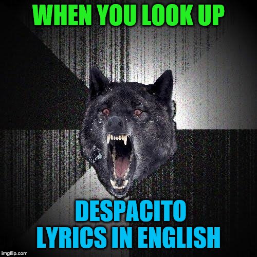 Insanity Wolf Meme | WHEN YOU LOOK UP; DESPACITO LYRICS IN ENGLISH | image tagged in memes,insanity wolf | made w/ Imgflip meme maker