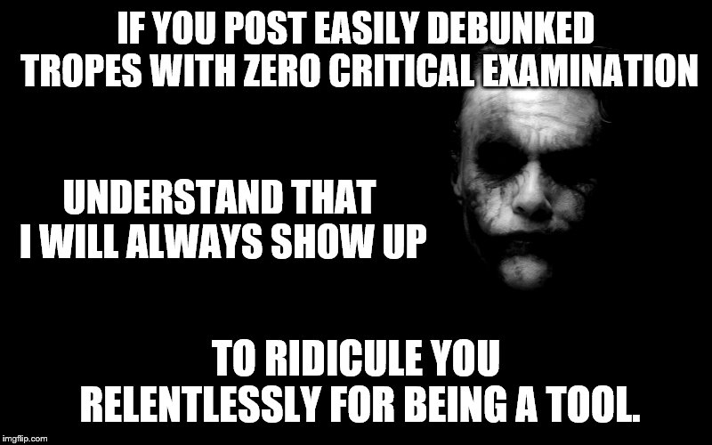 Joker in Shadows | IF YOU POST EASILY DEBUNKED TROPES WITH ZERO CRITICAL EXAMINATION; UNDERSTAND THAT I WILL ALWAYS SHOW UP; TO RIDICULE YOU RELENTLESSLY FOR BEING A TOOL. | image tagged in joker in shadows | made w/ Imgflip meme maker