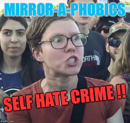 Triggered feminist | MIRROR-A-PHOBICS SELF HATE CRIME !! | image tagged in triggered feminist | made w/ Imgflip meme maker