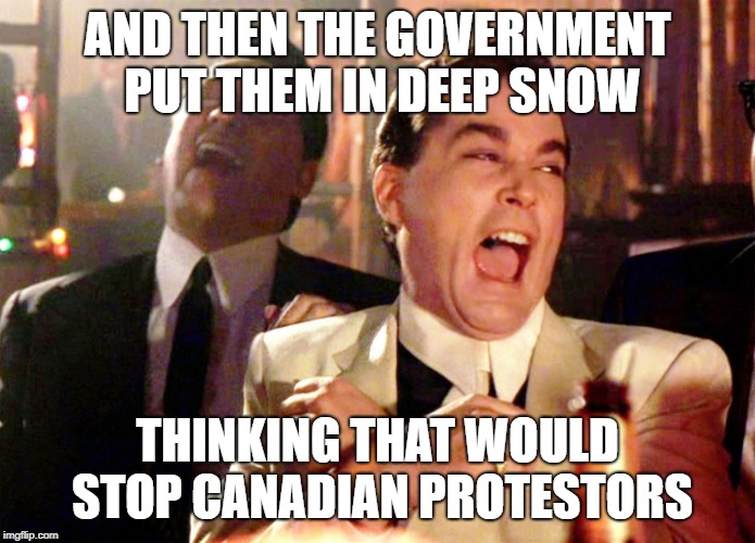 Good Fellas Hilarious Meme | AND THEN THE GOVERNMENT PUT THEM IN DEEP SNOW; THINKING THAT WOULD STOP CANADIAN PROTESTORS | image tagged in memes,good fellas hilarious | made w/ Imgflip meme maker