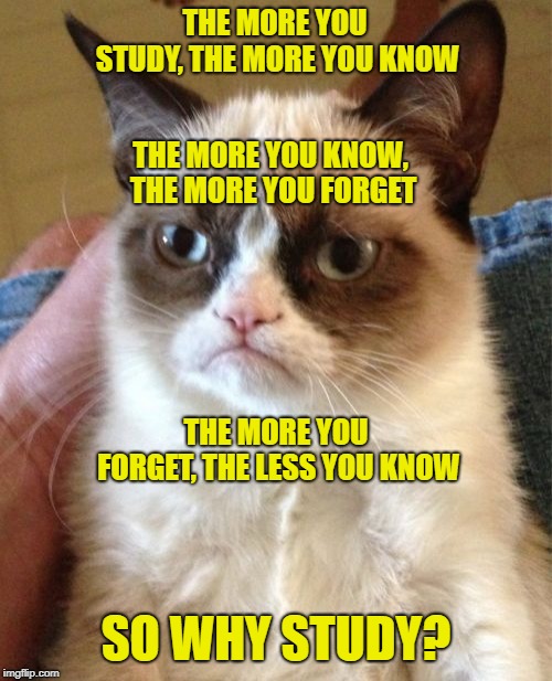 Grumpy Cat Meme | THE MORE YOU STUDY, THE MORE YOU KNOW; THE MORE YOU KNOW, THE MORE YOU FORGET; THE MORE YOU FORGET, THE LESS YOU KNOW; SO WHY STUDY? | image tagged in memes,grumpy cat | made w/ Imgflip meme maker