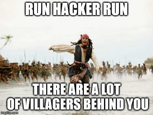 Jack Sparrow Being Chased Meme | RUN HACKER RUN; THERE ARE A LOT OF VILLAGERS BEHIND YOU | image tagged in memes,jack sparrow being chased | made w/ Imgflip meme maker