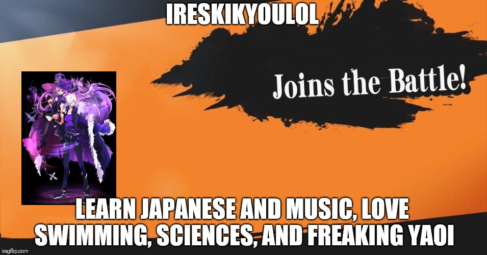 Smash Bros. | IRESKIKYOULOL; LEARN JAPANESE AND MUSIC, LOVE SWIMMING, SCIENCES, AND FREAKING YAOI | image tagged in smash bros | made w/ Imgflip meme maker
