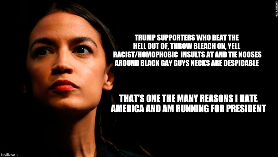 ocasio-cortez super genius | TRUMP SUPPORTERS WHO BEAT THE HELL OUT OF, THROW BLEACH ON, YELL  RACIST/HOMOPHOBIC  INSULTS AT AND TIE NOOSES AROUND BLACK GAY GUYS NECKS ARE DESPICABLE; THAT'S ONE THE MANY REASONS I HATE AMERICA AND AM RUNNING FOR PRESIDENT | image tagged in ocasio-cortez super genius | made w/ Imgflip meme maker