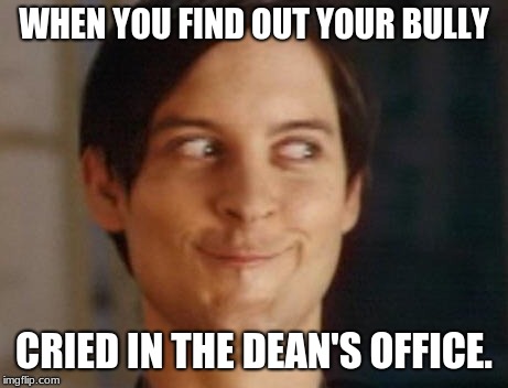 Spiderman Peter Parker Meme | WHEN YOU FIND OUT YOUR BULLY; CRIED IN THE DEAN'S OFFICE. | image tagged in memes,spiderman peter parker | made w/ Imgflip meme maker