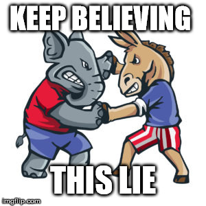 "Fight" club (of interests...) A "democracy" that only has two parties?... | KEEP BELIEVING; THIS LIE | image tagged in democrats,republicans,fight club,united states | made w/ Imgflip meme maker