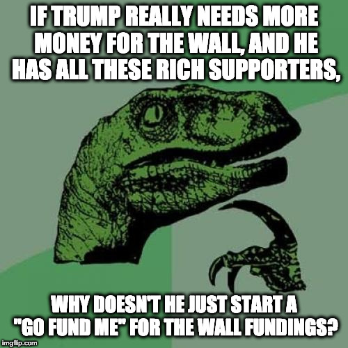 Philosoraptor Meme | IF TRUMP REALLY NEEDS MORE MONEY FOR THE WALL, AND HE HAS ALL THESE RICH SUPPORTERS, WHY DOESN'T HE JUST START A "GO FUND ME" FOR THE WALL FUNDINGS? | image tagged in memes,philosoraptor | made w/ Imgflip meme maker