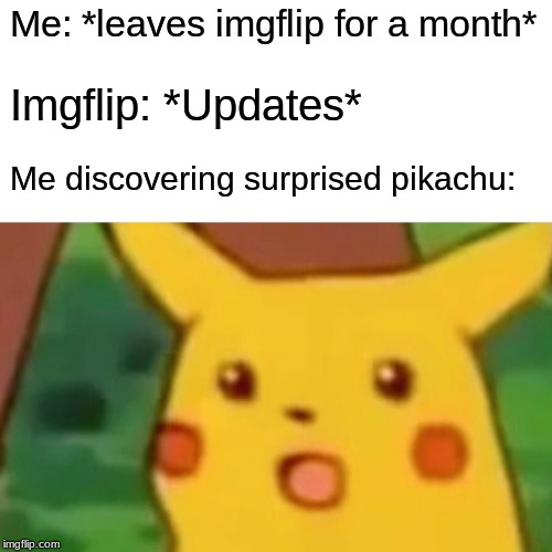 Surprised Pikachu | Me: *leaves imgflip for a month*; Imgflip: *Updates*; Me discovering surprised pikachu: | image tagged in memes,surprised pikachu | made w/ Imgflip meme maker